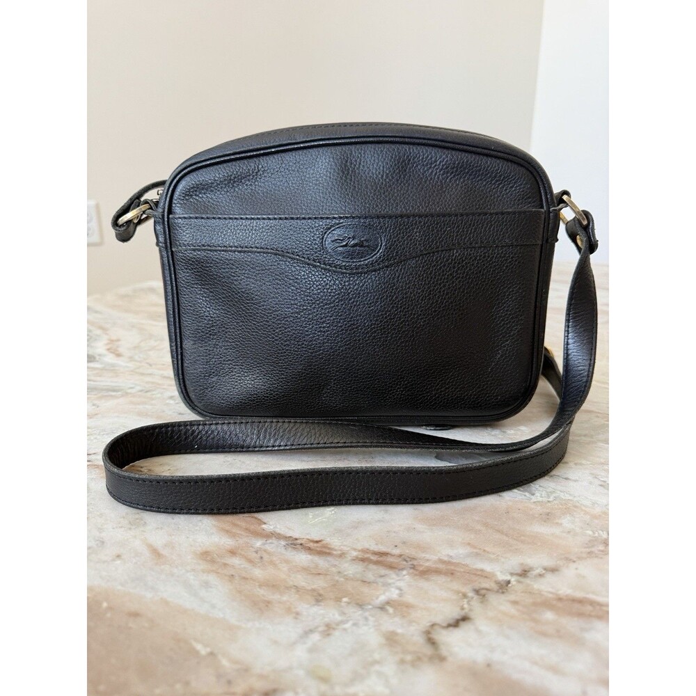 Vintage Longchamp Black Pebbled Leather Crossbody Bag Inner & Outer Pockets